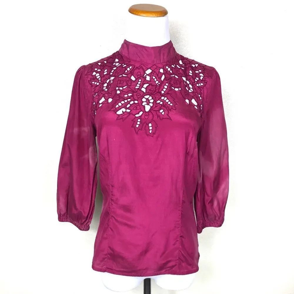 🛍 4/$20 ASOS Fuchsia Pink Embroidered Eyelet Mock-neck Top